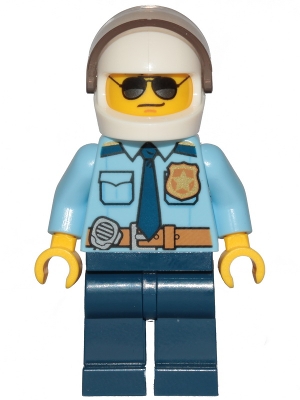 Police - City Officer Shirt with Dark Blue Tie and Gold Badge, Dark Tan Belt with Radio, Dark Blue Legs, White Helmet, Sunglasses