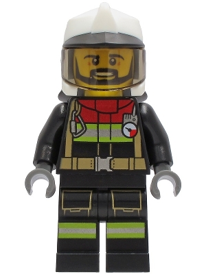 Fire - Male, Black Jacket and Legs with Reflective Stripes and Red Collar, White Fire Helmet, Trans-Black Visor, Black Beard