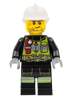 Fire - Reflective Stripes with Utility Belt and Flashlight, White Fire Helmet, Beard Stubble, Brown Eyebrows