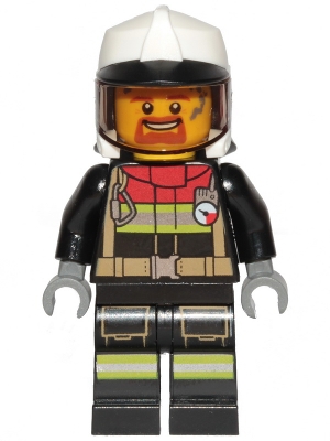 Fire - Male, Black Jacket and Legs with Reflective Stripes and Red Collar, White Fire Helmet, Trans-Black Visor, Dark Orange Goatee