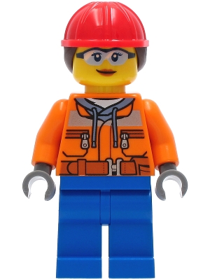 Construction Worker - Female, Orange Safety Jacket, Reflective Stripe, Sand Blue Hoodie, Blue Legs, Red Construction Helmet with Dark Brown Hair, Safety Glasses