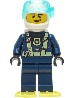 Police - City Officer Dark Blue Diving Suit with Yellowish Green Harness, White Helmet, White Air Tanks, Bright Light Yellow Flippers