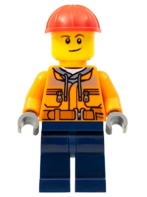 Construction Worker - Male, Orange Safety Jacket, Reflective Stripe, Sand Blue Hoodie, Dark Blue Legs, Red Construction Helmet, Lopsided Smile