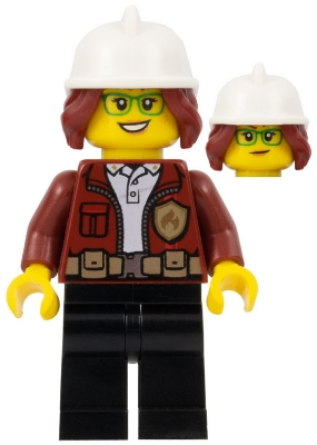 Fire Chief, Female - Freya McCloud, Dark Red Jacket, Black Legs, White Fire Helmet, Open Smile / Closed Mouth Pattern