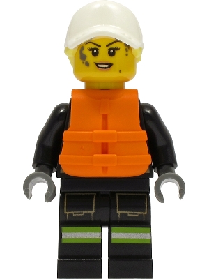 Fire - Female, Black Jacket and Legs with Reflective Stripes and Red Collar, White Cap with Bright Light Yellow Hair, Orange Life Jacket, Dark Bluish Gray Splotches
