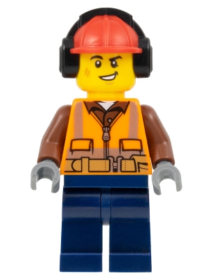 Construction Worker - Male, Orange Safety Vest, Reflective Stripes, Reddish Brown Shirt, Dark Blue Legs, Red Construction Helmet with Black Headphones, Lopsided Smile
