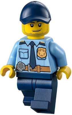 Police - City Shirt with Dark Blue Tie and Gold Badge, Dark Tan Belt with Radio, Dark Blue Legs, Dark Blue Cap with Hole, Stubble Beard