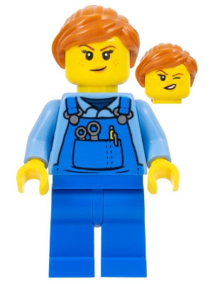Janitor - Female, Medium Blue Shirt and Blue Overalls, Blue Legs, Dark Orange Hair
