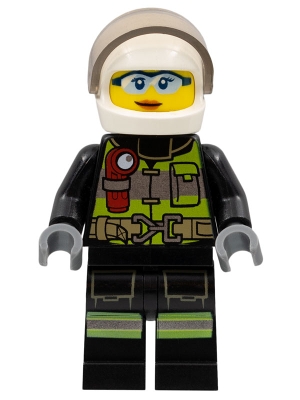 Fire - Reflective Stripes with Utility Belt and Flashlight, White Helmet, Trans-Black Visor, Safety Glasses, Peach Lips Closed Mouth Smile