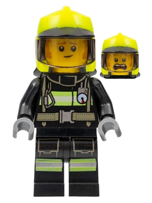 Fire -  Fireman Clemmons, Reflective Stripes with Utility Belt, Black Legs, Neon Yellow Fire Helmet, Trans-Black Visor, Sideburns