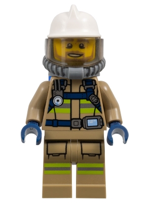 Fire - Reflective Stripes, Dark Tan Suit, White Fire Helmet, Open Mouth with Beard, Breathing Neck Gear with Blue Air Tanks