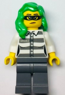 Police - Jail Prisoner 50382 Prison Stripes, Female, Dark Bluish Gray Legs, Frown with Black Mask, Green Hair