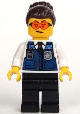 Police - Officer Gracie Goodhart, Dark Blue Vest, Black Pants, Orange Goggles, and Dark Brown Hair with Bun