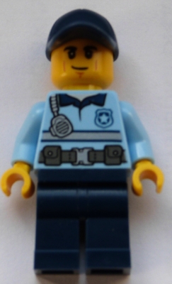 Police - City Officer Bright Light Blue Shirt with Silver Stripe, Badge and Radio, Dark Blue Legs, Dark Blue Cap, Smirk