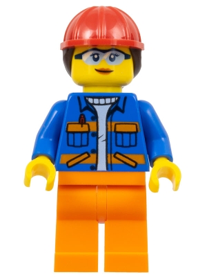 Construction Worker - Female, Blue Open Jacket with Pockets and Orange Stripes, Orange Legs, Red Construction Helmet with Dark Brown Hair