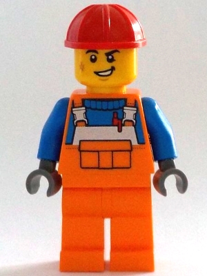 Construction Worker - Male, Orange Overalls with Reflective Stripe and Buckles over Blue Shirt, Orange Legs, Red Construction Helmet