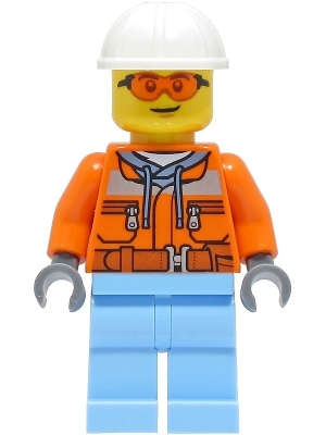 Construction Worker - Male, Orange Safety Jacket, Reflective Stripe, Sand Blue Hoodie, Bright Light Blue Legs, White Construction Helmet, Orange Safety Glasses