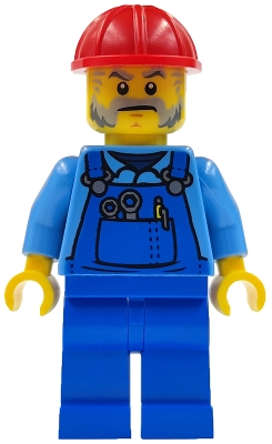 Mechanic Male with Red Construction Helmet, Beard, Medium Blue Shirt, and Blue Overalls, with Back Print