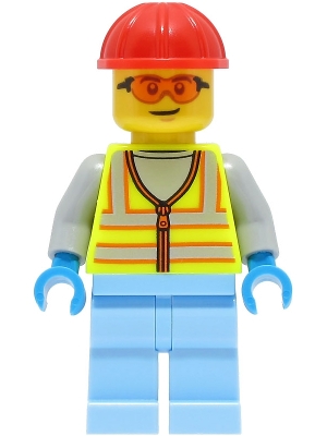Space Engineer - Male, Neon Yellow Safety Vest, Bright Light Blue Legs, Red Construction Helmet, Orange Safety Glasses