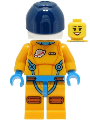 Lunar Research Astronaut - Female, Bright Light Orange and Dark Azure Suit, White Helmet, Dark Blue Visor, Open Mouth Smile