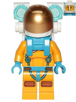Lunar Research Astronaut - Female, Bright Light Orange and Dark Azure Suit, White Helmet, Metallic Gold Visor, Backpack Lights