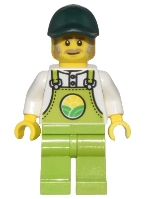 Farmer Horace - Lime Overalls over White Shirt, Lime Legs, Dark Green Cap, Dark Tan Moustache and Sideburns