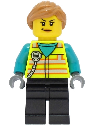 Train Driver - Female, Neon Yellow Safety Vest, Black Legs, Medium Nougat Hair