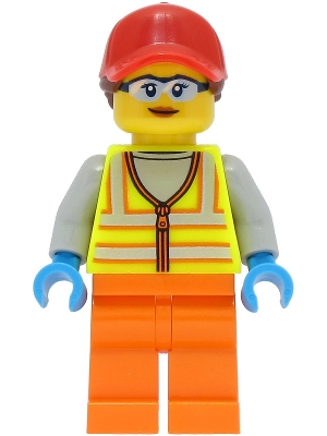 Reach Stacker Driver - Female, Neon Yellow Safety Vest, Orange Legs, Red Cap with Reddish Brown Ponytail
