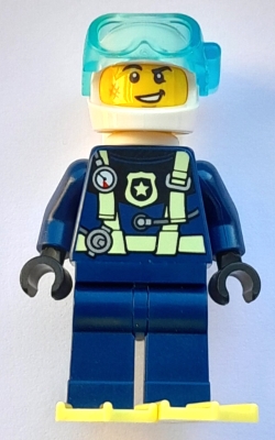 Police - City Officer Dark Blue Diving Suit with Yellowish Green Harness, White Helmet, White Air Tanks, Cheek Scuff, Bright Light Yellow Flippers