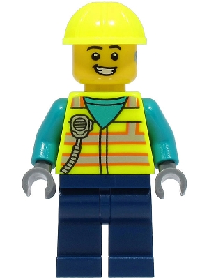 Utility Truck Driver - Male, Neon Yellow Safety Vest and Helmet, Dark Blue Legs