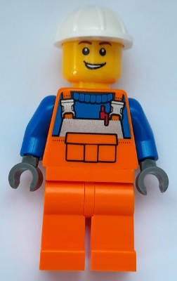 Construction Worker - Male, Orange Overalls with Reflective Stripe and Buckles over Blue Shirt, Orange Legs, White Construction Helmet, Open Lopsided Grin