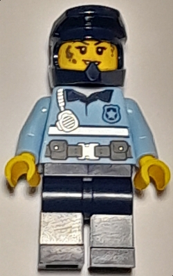 Police - City Officer Female Bright Light Blue Shirt with Silver Stripe, Badge, and Radio, Dark Blue Legs, Dark Blue Dirt Bike Helmet, Splotches