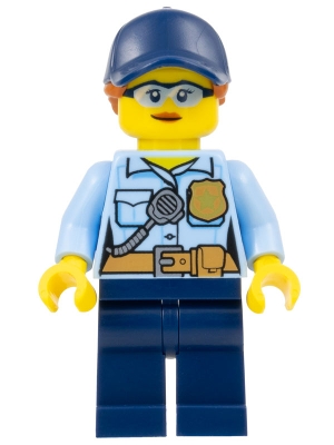 Police - City Officer Female, Bright Light Blue Shirt with Badge and Radio, Dark Blue Legs, Dark Blue Cap with Dark Orange Ponytail, Safety Glasses