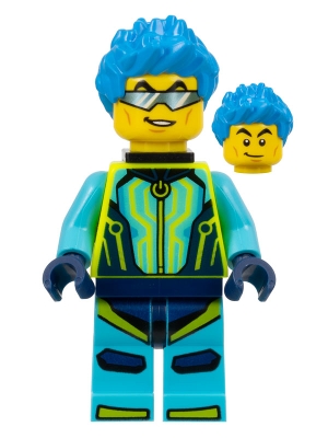 Stuntz Driver - Dark Azure Spiky Hair, Medium Azure and Neon Yellow Jumpsuit, Neck Bracket