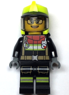 Fire - Female, Black Jacket and Legs with Reflective Stripes and Red Collar, Neon Yellow Fire Helmet, Trans-Brown Visor, Black Glasses