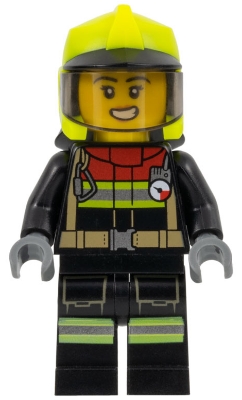 Fire - Female, Black Jacket and Legs with Reflective Stripes and Red Collar, Neon Yellow Fire Helmet, Trans-Brown Visor, Scared Open Mouth with Teeth
