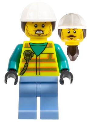 Utility Worker - Male, Neon Yellow Safety Vest, Bright Light Blue Legs, White Helmet, Dark Brown Ponytail