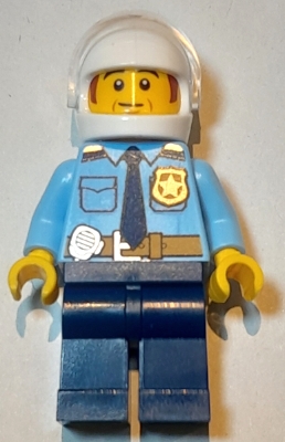 Police - City Shirt with Dark Blue Tie and Gold Badge, Dark Tan Belt with Radio, Dark Blue Legs, White Helmet, Sideburns