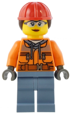 Construction Worker - Female, Orange Safety Jacket, Reflective Stripe, Sand Blue Hoodie, Sand Blue Legs, Red Construction Helmet with Dark Brown Hair