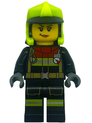 Fire - Female, Black Jacket and Legs with Reflective Stripes and Red Collar, Neon Yellow Fire Helmet, Right Raised Eyebrow, Medium Nougat Lips, Smirk