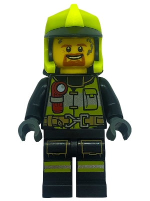 Fire - Reflective Stripes with Utility Belt and Flashlight, Neon Yellow Fire Helmet, Dark Orange Moustache and Goatee, Soot Marks