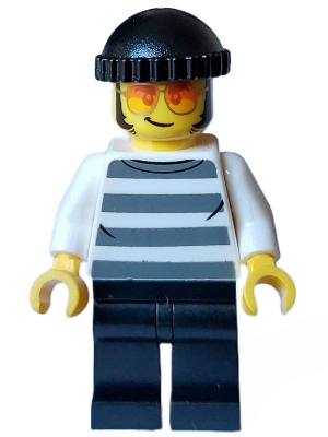 Police - City Bandit Crook Male, White Shirt with Dark Bluish Gray Prison Stripes, Black Legs, Black Knit Cap, Sunglasses