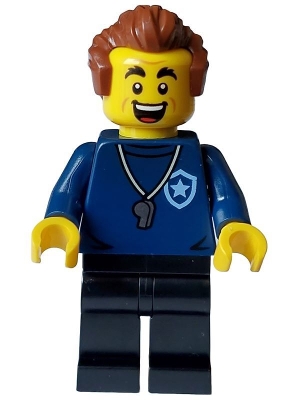 Police - City Trainer Academy Male, Dark Blue Shirt, Silver Whistle, Black Legs, Reddish Brown Hair, Open Mouth