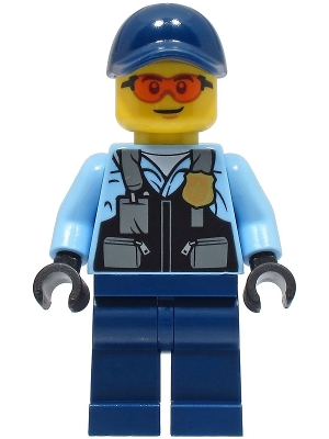 Police - City Officer Male, Safety Vest with Police Badge, Dark Blue Legs, Dark Blue Cap, Orange Glasses