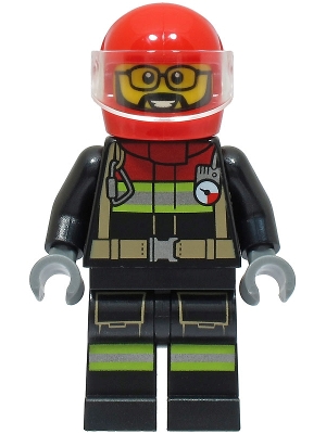 Fire - Male, Black Jacket and Legs with Reflective Stripes and Red Collar, Red Helmet, Trans-Clear Visor