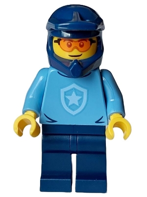 Police - City Officer, Medium Blue Shirt with Badge, Dark Blue Legs, Dark Blue Dirt Bike Helmet, Orange Glasses