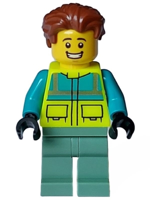 Paramedic - Male, Dark Turquoise and Neon Yellow Safety Vest, Sand Green Legs, Reddish Brown Hair, Open Mouth Smile