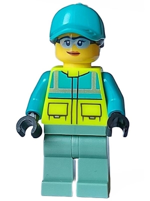 Paramedic - Female, Dark Turquoise and Neon Yellow Safety Vest, Sand Green Legs, Dark Turquoise Ball Cap with Black Ponytail, Glasses