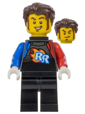 Rocket Racer - Stuntz Driver, Black Jumpsuit with Blue and Red Arms, Dark Brown Hair