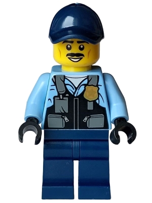Police - City Officer Male, Safety Vest with Police Badge, Dark Blue Legs, Dark Blue Cap, Black Moustache